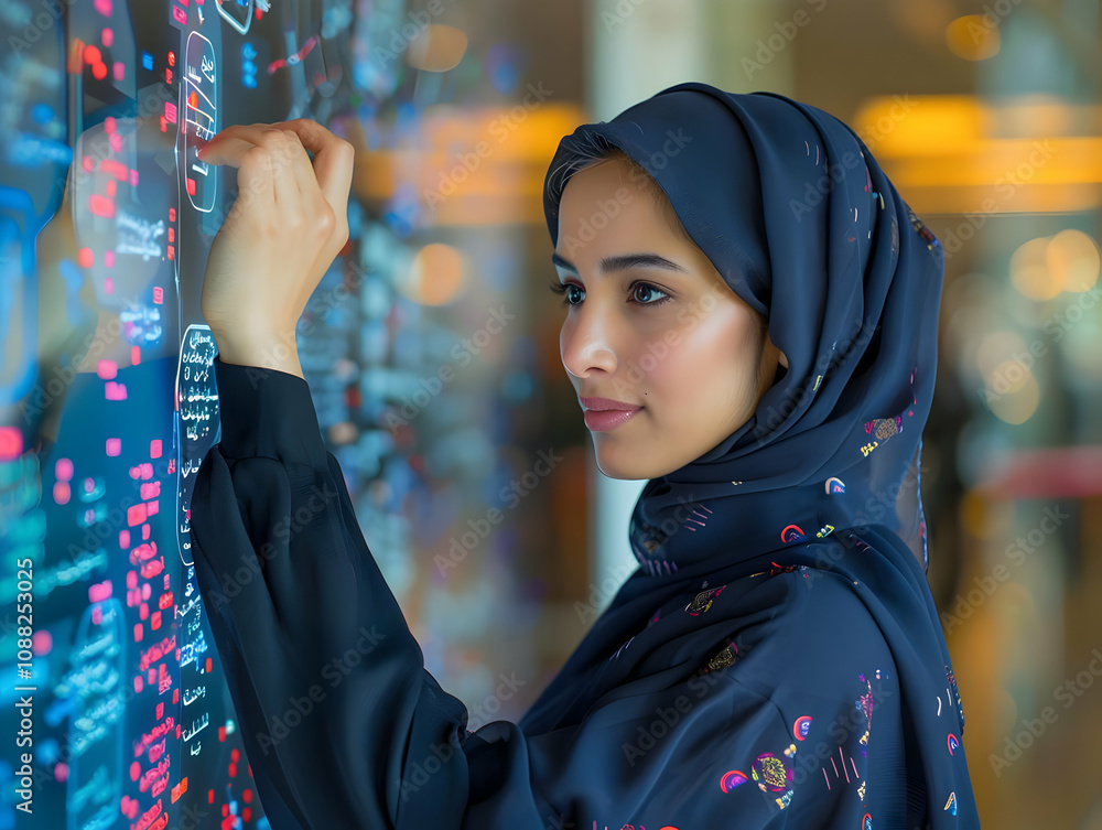 Poster woman in hijab interacts with a luminous data display, analyzing complex information in a modern set