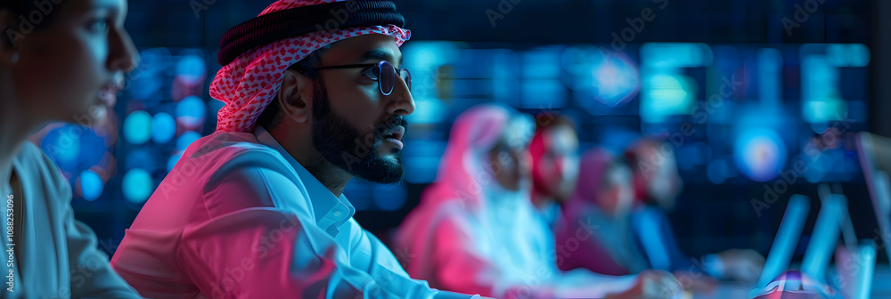 Poster focused man in traditional headwear observing data screens with colleagues in a tech setting