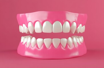 Fototapeta premium Realistic Dental Model with White Teeth Set Against Vibrant Pink Background for Oral Health and Dental Care Concepts and Illustrations