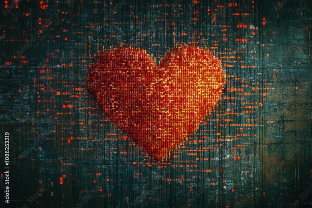Fototapete a glowing human heart is encircled by intricate digital code patterns, representing the fusion of bi
