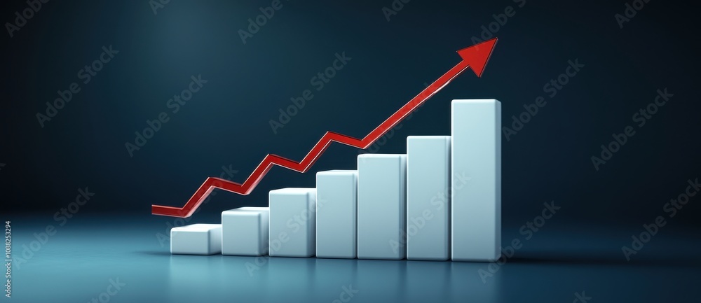 Poster modern graph representation with rising red arrow on a dark background reflecting success and growth
