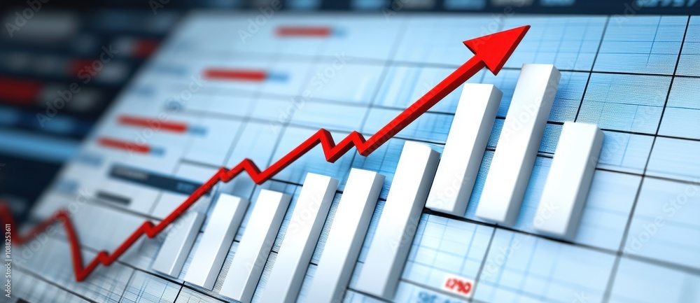 Poster growth and success illustrated with a rising graph and bold red arrow on a modern financial chart di
