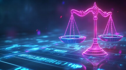 Glowing scales of justice on digital background. (1)