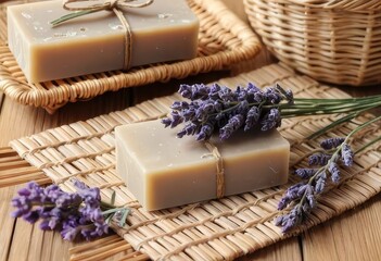 Natural soap bars with fresh lavender on a wooden background