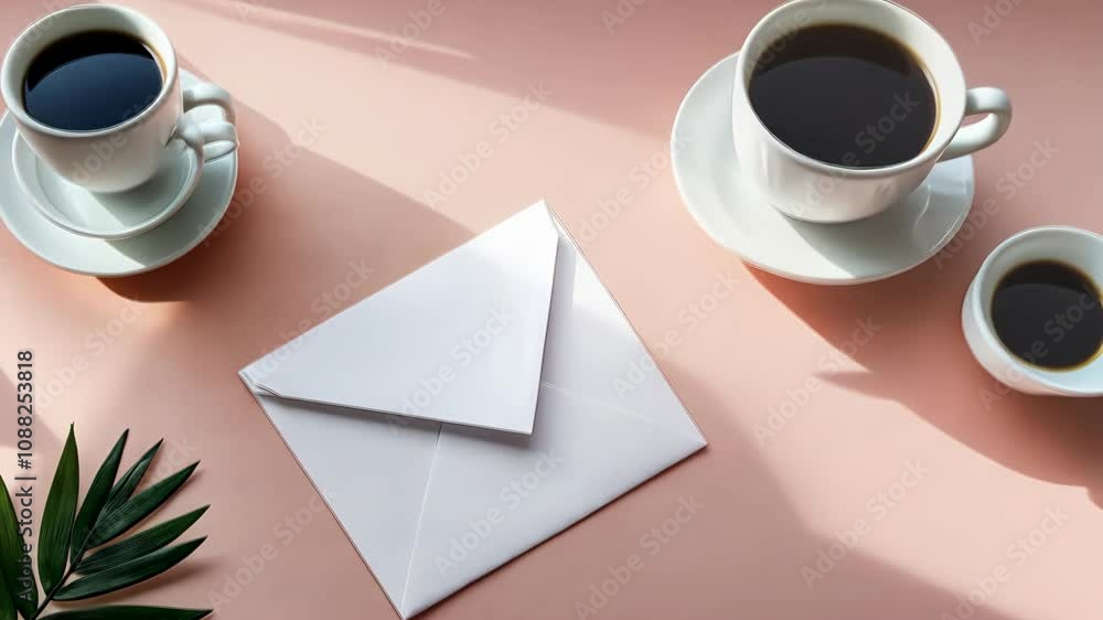 Poster a white envelope sits on a table next to a cup. the envelope is open and the contents are visible. t