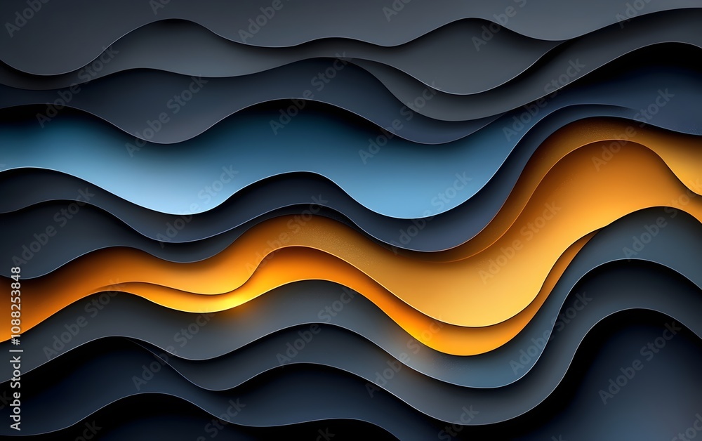 Poster an abstract composition featuring flowing waves in various shades of blue, black, and orange, creati