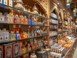 Fototapeta premium Ornate Perfume Bottles Displayed on Wooden Shelves in a Luxurious Shop