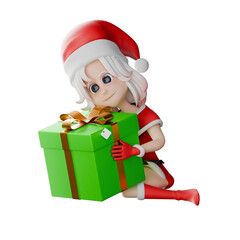 Girls Santa Claus Holiday Model. A girl santa  sits on the floor with both hands hugging a gift. 3D Festive Cartoon