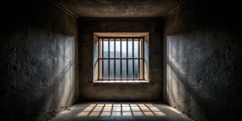 View from dark interior outside through small barred window, prison, confinement, restricted, isolated, trapped