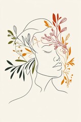 A minimal single line art of a woman with cascading floral wreaths, symbolizing celebration and joy, hand-drawn style minimalist line art, beige colors and vibrant colors tones, cream-colored 