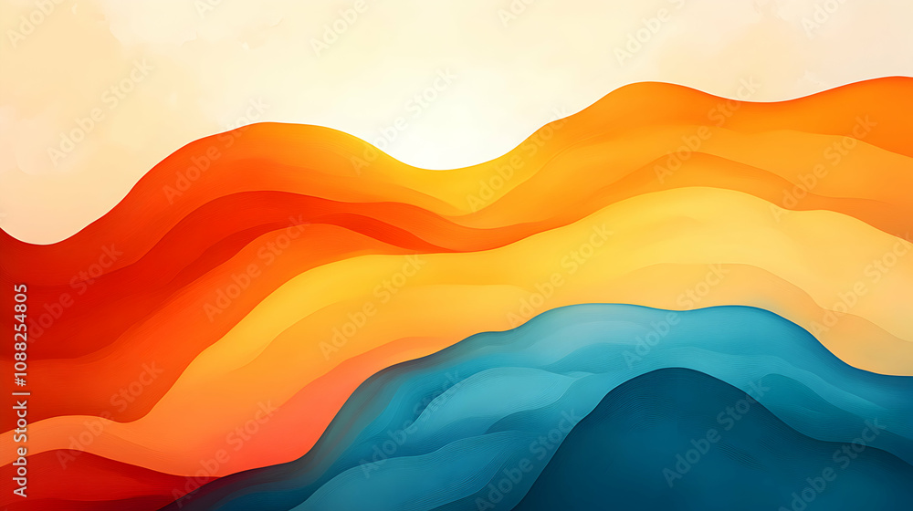 Poster abstract wavy background with vivid colors of orange, yellow and blue, creating a dynamic and modern