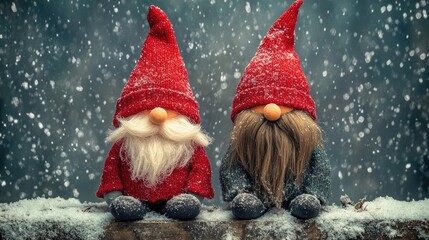 Two Christmas Gnomes Sitting In Snowy Winter Scene