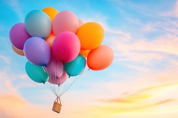 Fototapeta premium Colorful Balloons Floating Against Blue Sky at Sunset.