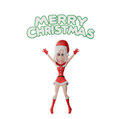 Girls Santa Claus Cartoon Design. A ​​girl santa  stands with both hands raised and the words Merry Christmas are written on them. Festive Holiday 3D Model