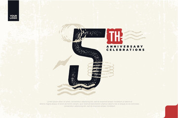 5th anniversary with grunge texture and abstract geometric shapes