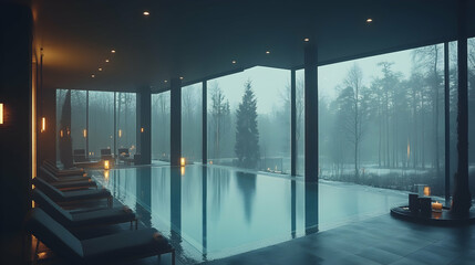 Fototapeta premium Tranquil Modern Spa Interior with Floor-to-Ceiling Windows Overlooking Misty Forest Landscape and Calm Water Pool Creating a Serene Atmosphere for Relaxation
