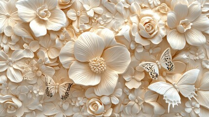 A textured arrangement of white flowers and butterflies, creating a serene and elegant design.