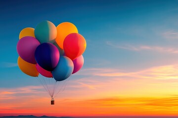 Fototapeta premium Colorful Balloons Floating Against Blue Sky at Sunset.
