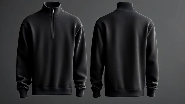 A black sweatshirt with a zipper on the front.