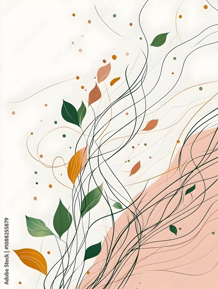 Poster an abstract design featuring flowing lines and colorful leaves on a light backdrop, creating a seren