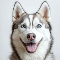 Smiling Siberian Husky with Blue Eyes on White Background.