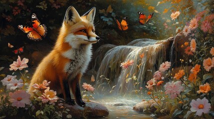 A Fox Gazing at a Waterfall in a Lush Garden