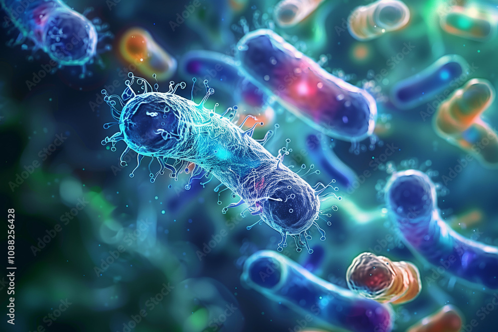 Poster vivid depiction of various bacteria and viruses in a dynamic microscopic environment, highlighting t
