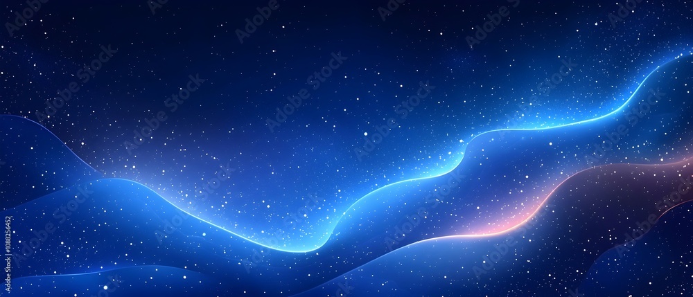 Poster a mesmerizing abstract representation of a starry night sky, featuring flowing waves of blue and sof