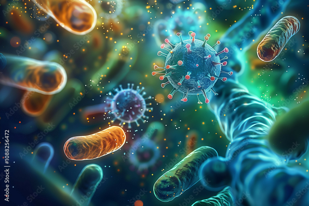 Poster this image showcases a vibrant and detailed visualization of microscopic pathogens including viruses