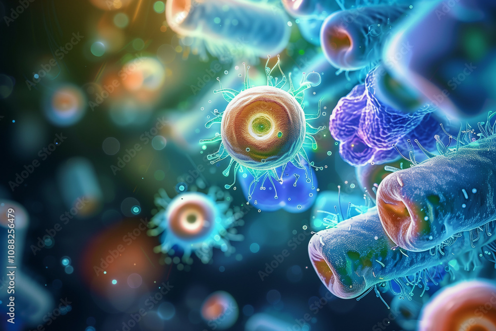 Poster this image showcases a vibrant and detailed visualization of various microorganisms including bacter