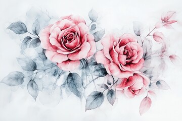 Watercolor Pink Roses with Green Leaves in Soft Pastel Style.