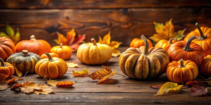 Fall background with pumpkins scattered on ground, autumn, harvest, seasonal, orange, squashes, festive, gourds