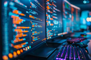 Modern network security operations center with multi-screen display and neon lights