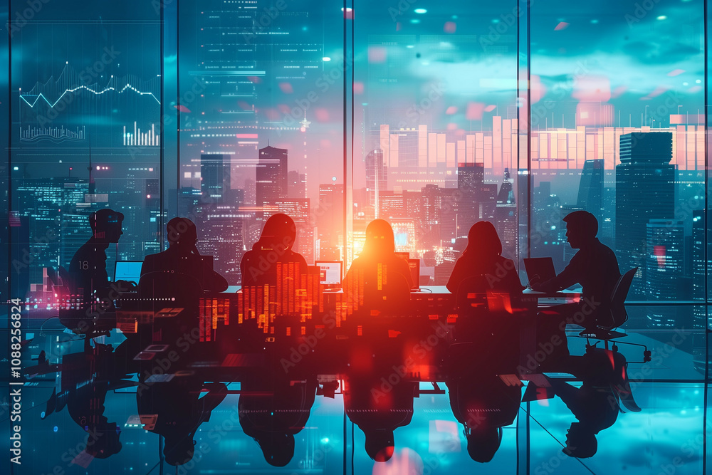 Poster futuristic business meeting with a team of professionals discussing data analytics in a high-tech of