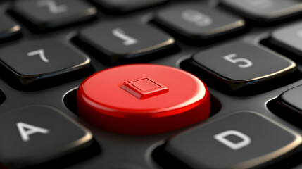 3D Render of Red Stop Button on Black Keyboard;  Glossy Surface, Square Symbol, Close-up View, Technology Concept