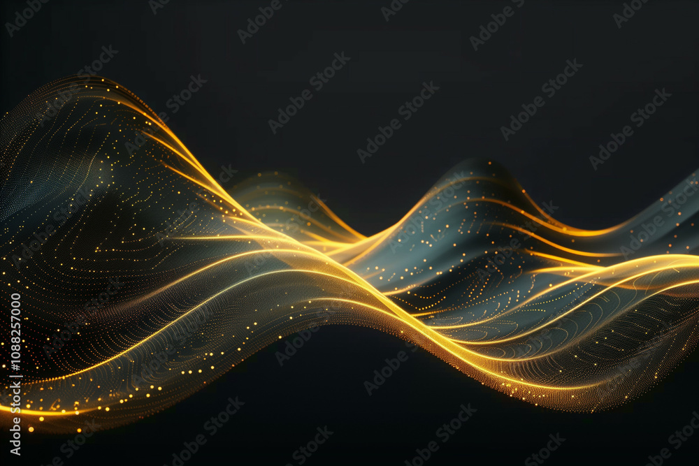 Aufkleber an abstract digital artwork featuring a flowing landscape of golden waves and sparkling particles on