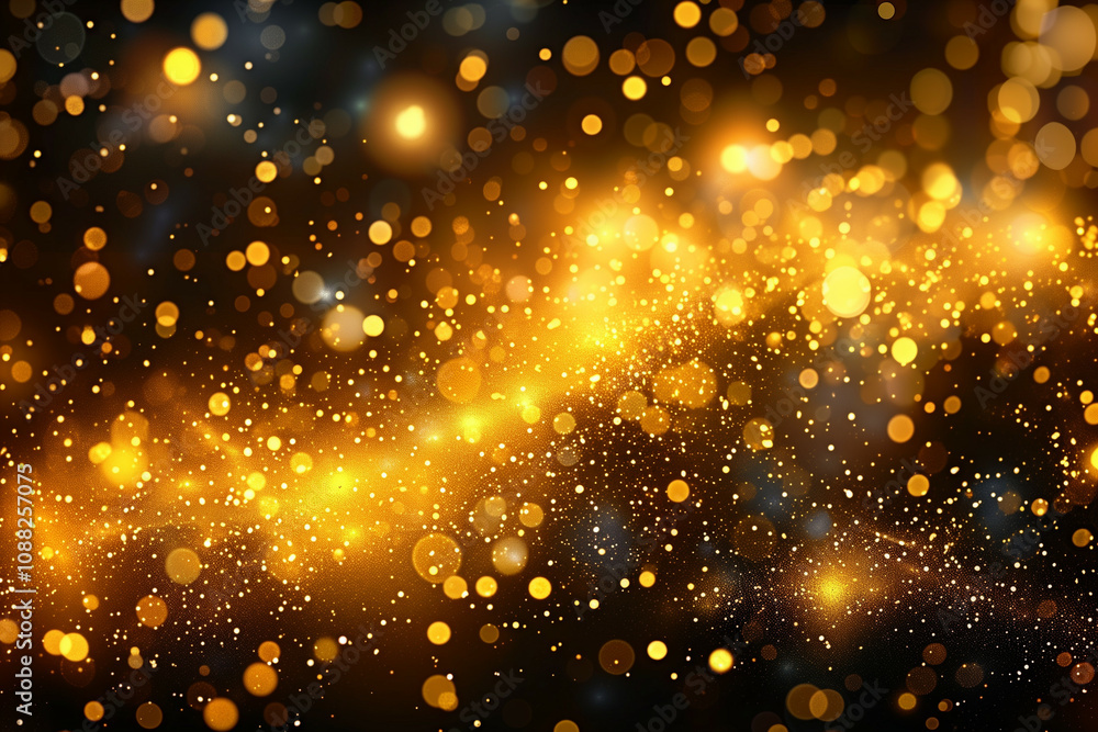 Poster golden bokeh lights abstract background with glittering particles in dark ambient glow