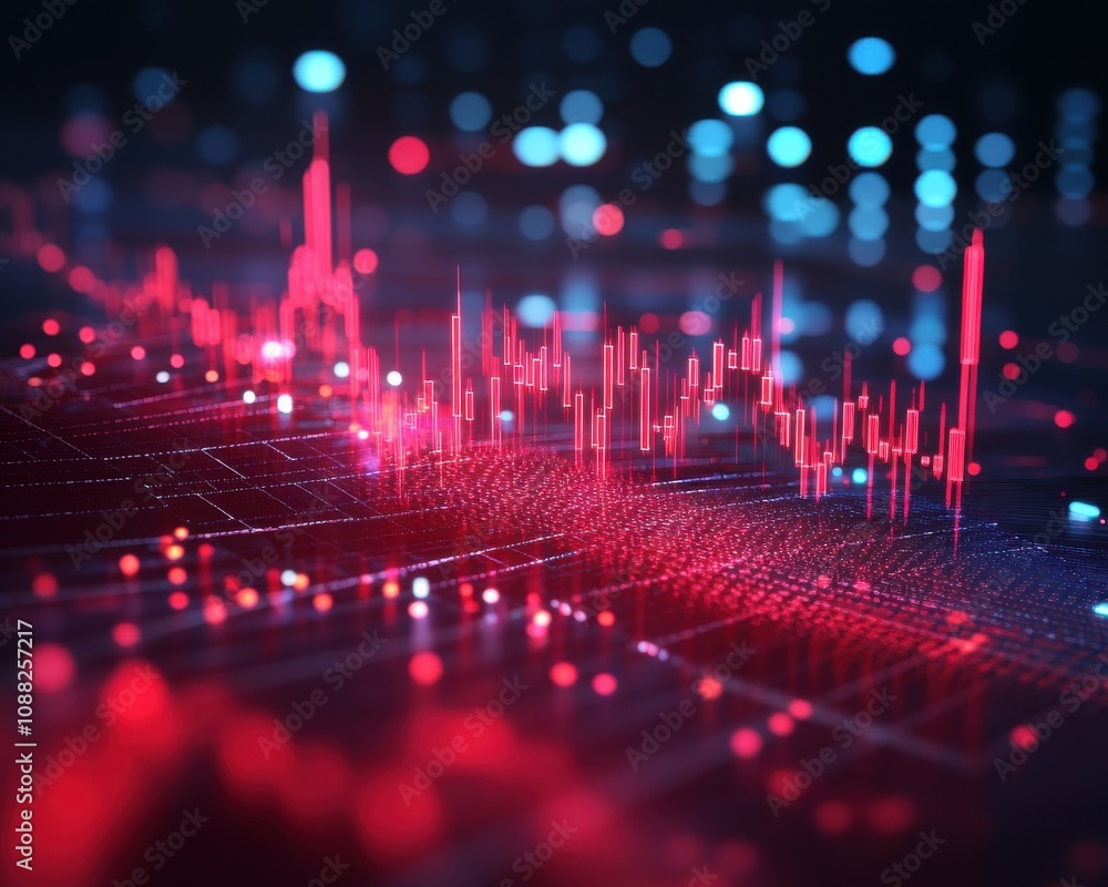Poster abstract visualization of digital data trends with red and blue color schemes representing stock mar