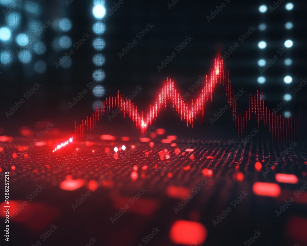 Poster abstract representation of a stock market trend with red lines illustrating fluctuations, set agains