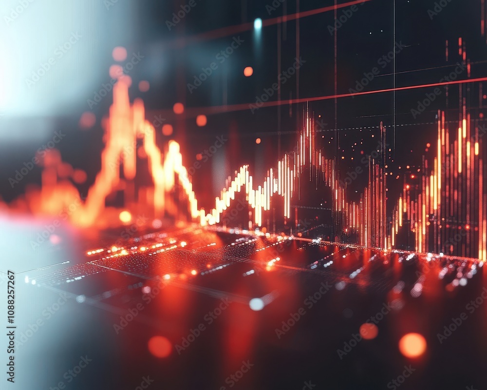 Poster abstract digital graph visualization with glowing lines and nodes representing market trends, data a