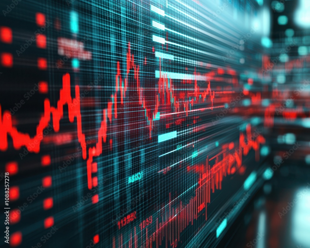 Poster abstract financial data visualization with red trend lines, data graphs, and digital screens highlig