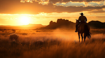 Naklejka premium A lone cowboy rides a horse through a field of tall grass at sunset, with the sun shining brightly in the distance, creating a warm and golden glow.