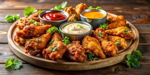 Fototapeta premium Delicious plate of hot and crispy chicken wings with various sauces , chicken wings, appetizer, spicy, crispy, grilled