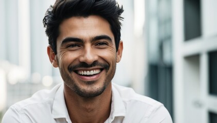 Portrait happy laughing smiling man in front empty blank wall background in stylish casual attire