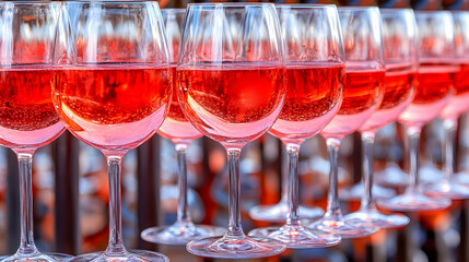 Elegant Display of Sparkling Pink Ros&eacute; Wine Glasses Captivatingly Glimmering Under Soft Light in an Outdoor Setting Perfect for Celebrations and Gatherings