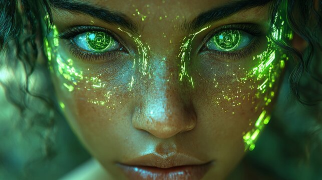 A cyborg face with green mechanical implants and a neon green visor, he has green and golden teetch and green big hair high resolution,