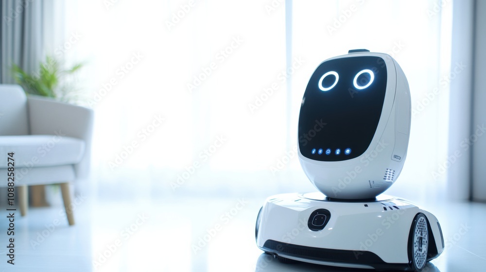Poster A sophisticated AI-driven autonomous robot for elderly care, clean home environment with robots designed for providing assistance and companionship to seniors, Elderly Care style