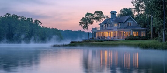 Fototapeta premium A tranquil lakeside home with a soft morning mist creating a peaceful atmosphere.