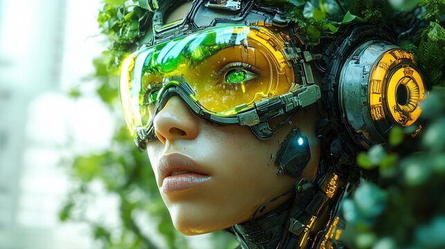 A cyborg face with green mechanical implants and a neon green visor, he has green and golden teetch and green big hair high resolution,