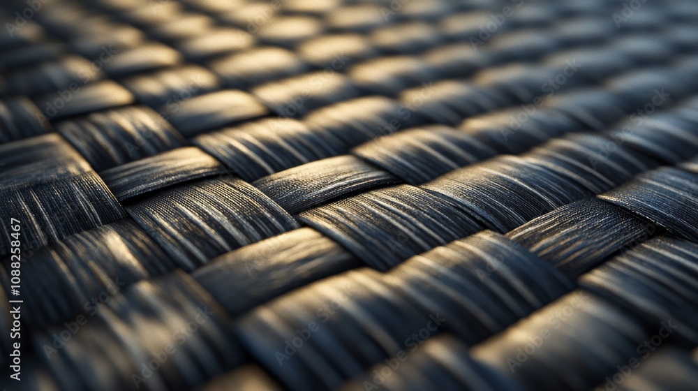 Poster a close-up view of an intricately woven texture, showcasing a pattern of dark strands with subtle li